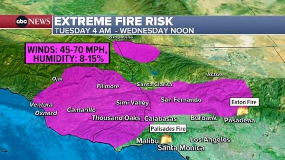 california-fires-weather-forecast:-‘dangerous’-wind-situation-begins-early-tuesday